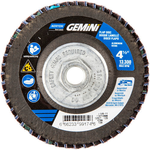 Norton Abrasives MH61FD0499174 4-1/2 x 5/8 – 11" Gemini Fiberglass Conical Flap Disc Type 29 P120 Grit R766 Zirconia Alumina Discount