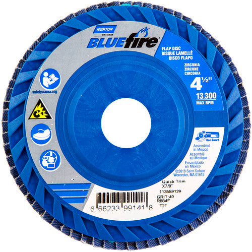 Norton Abrasives MH61FD0499141 4-1/2 x 7/8" BlueFire Plastic Flat Flap Disc Type 27 P40 Grit R884P Zirconia Alumina Hot on Sale